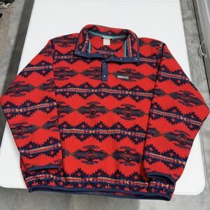 Vintage Obermeyer Fleece Pullover Red Southwestern Aztec Snap Neck Made in USA